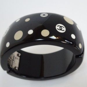 Auth CHANEL Wide Thick Clamper Bangle Bracelet Cuff Lucite Resin Plastic CC Dots